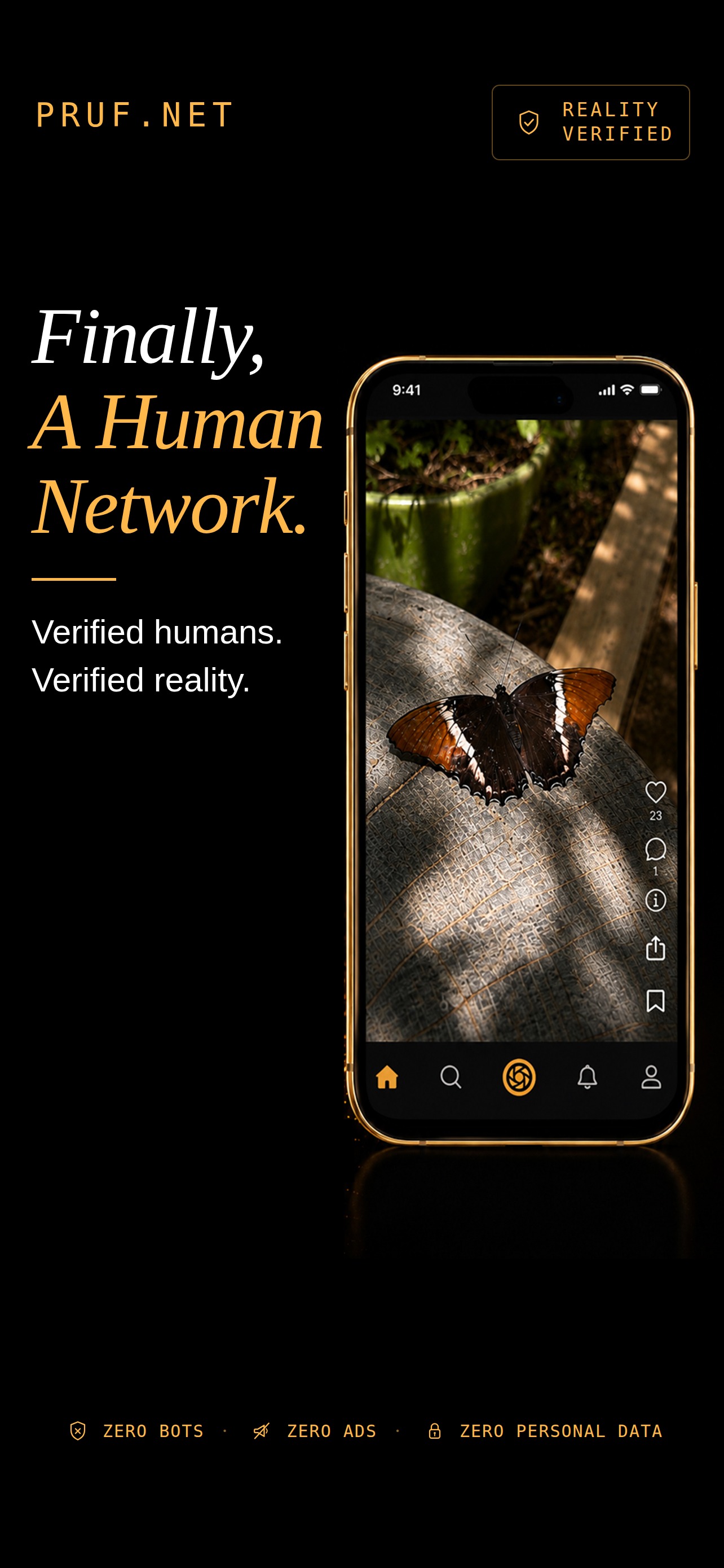 Finally, A Human Network — a full-bleed butterfly photo in the PRUF feed on a gold iPhone