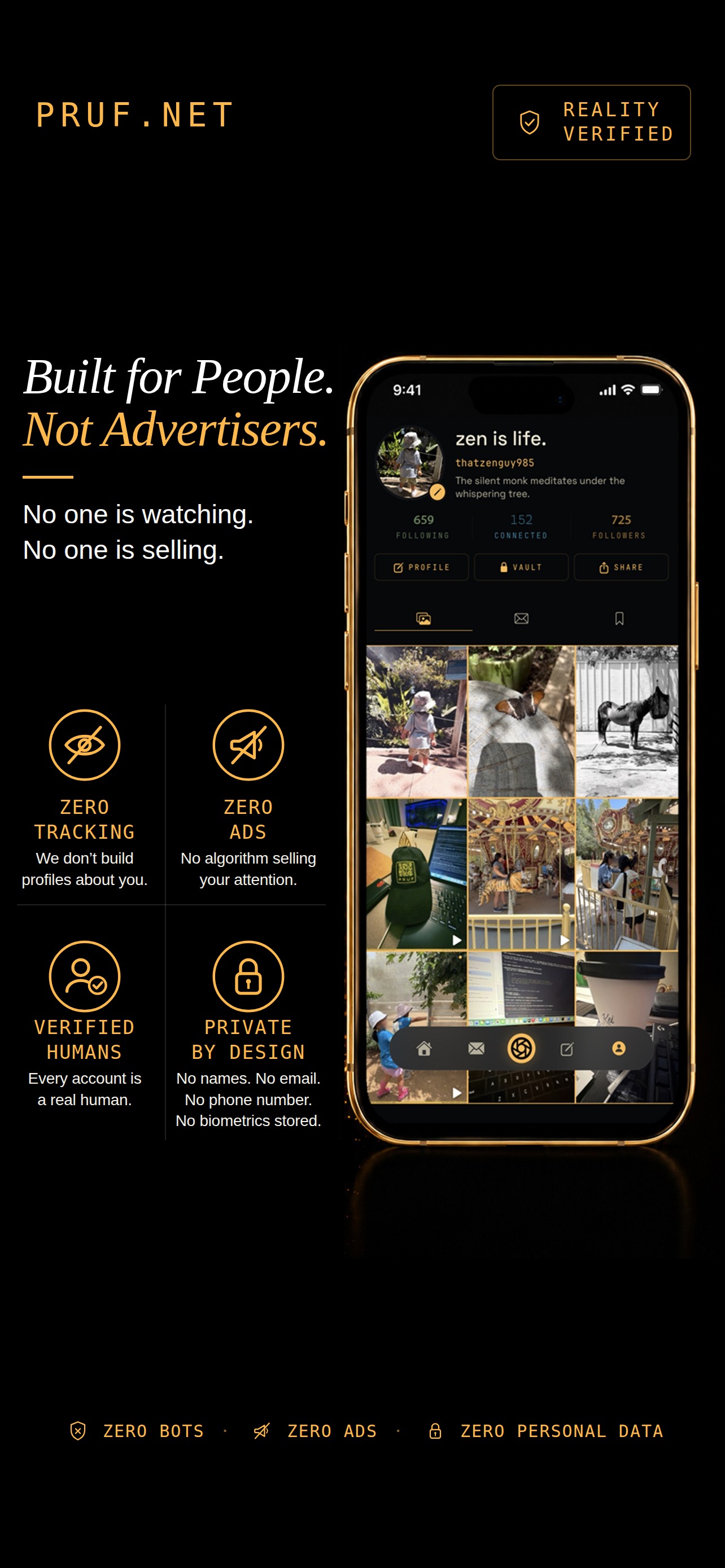 Built for People, Not Advertisers — a PRUF profile with photo grid, zero tracking, zero ads, private by design