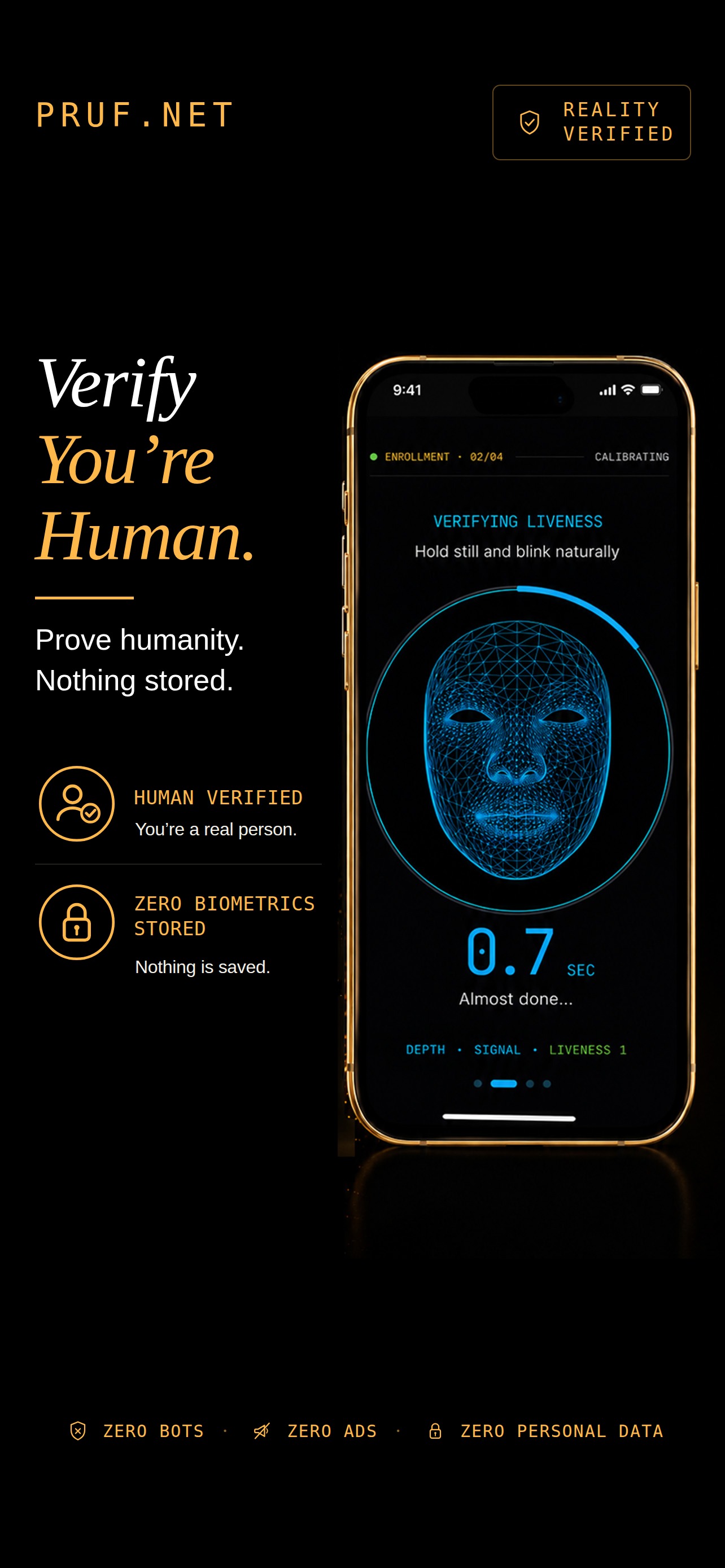 Verify You're Human — enrollment screen verifying liveness with a blue face mesh, zero biometrics stored