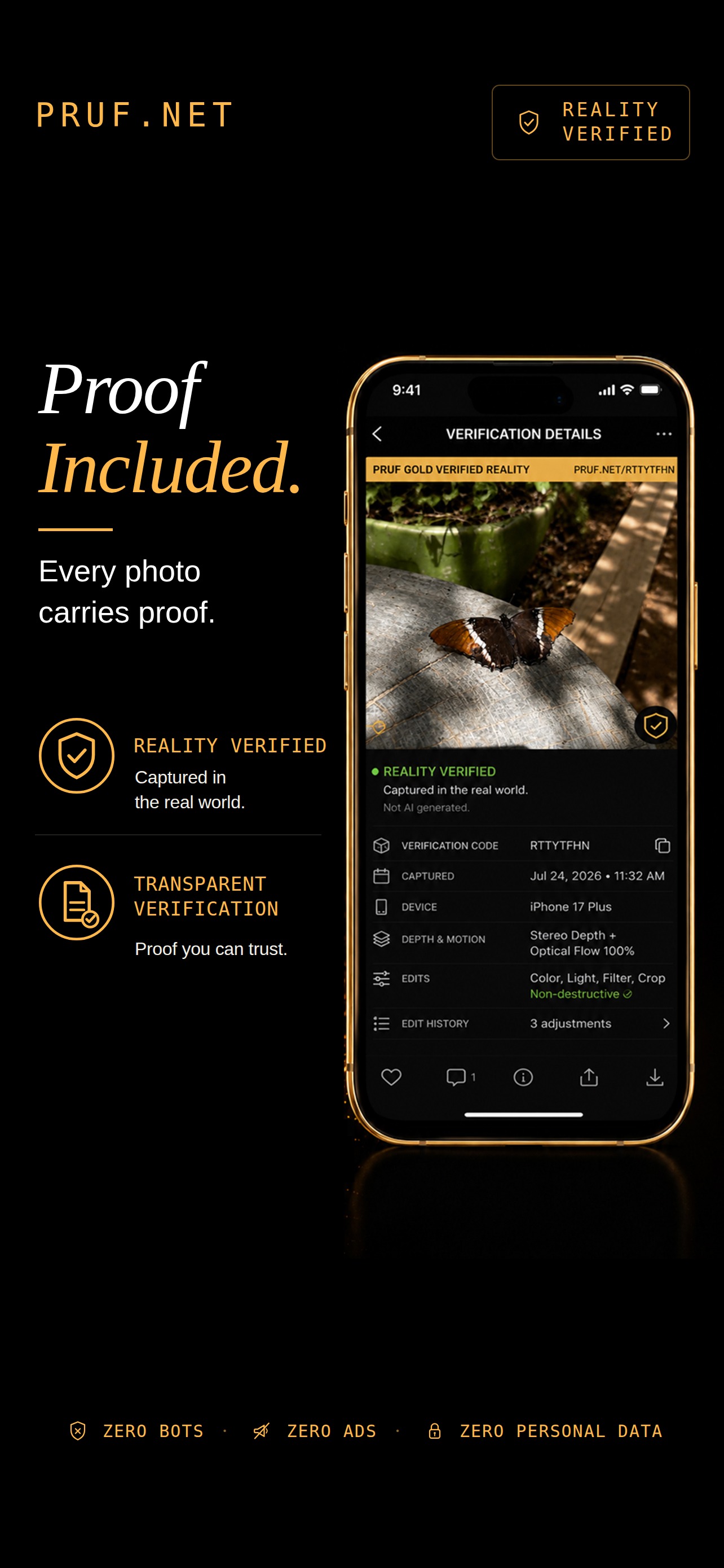 Proof Included — verification details showing Reality Verified, capture time, device, depth and motion, and edit history
